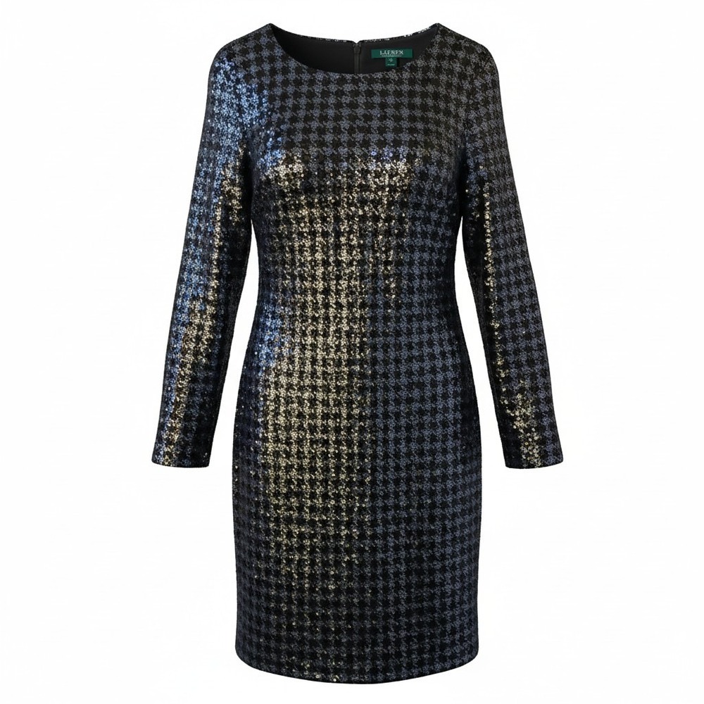 Lauren Ralph Lauren Womens Sequin Houndstooth Sheath Dress Black Silver 10